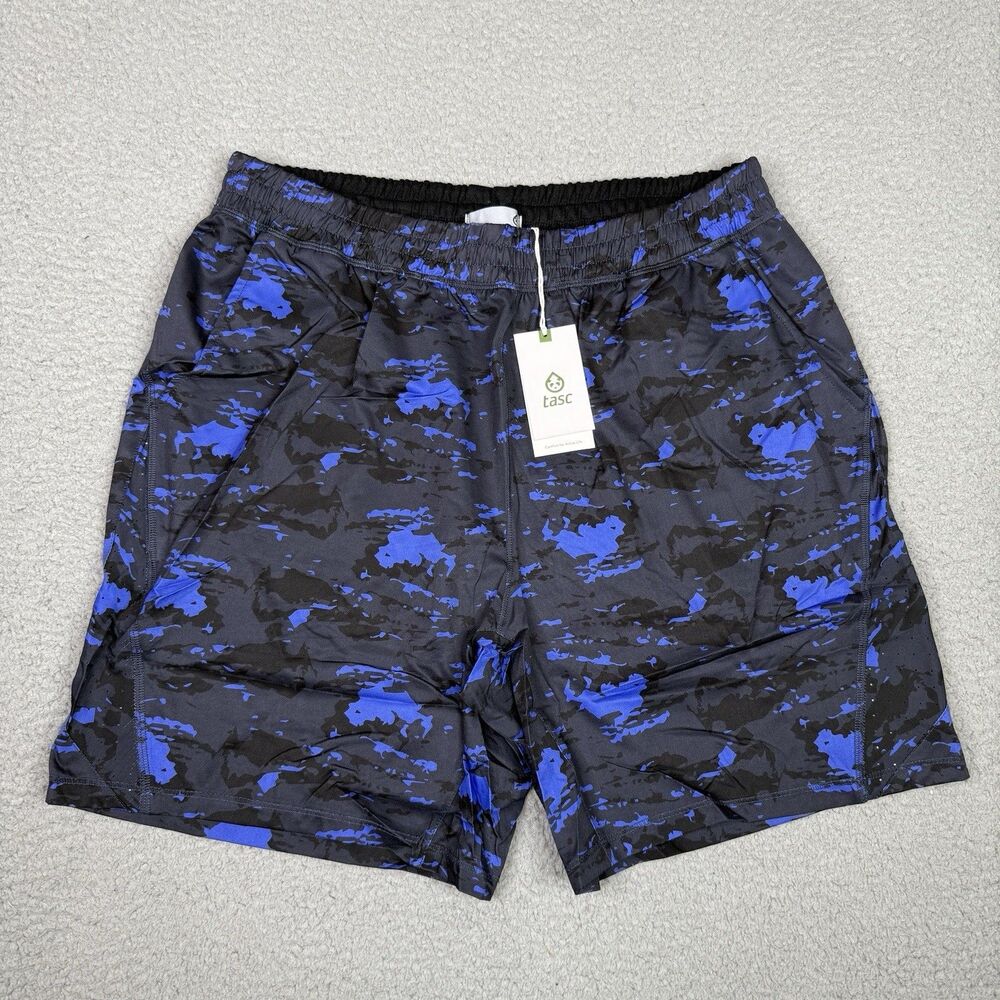 tasc Performance Weightless Shorts Mens Large Blue Black Camo 7" Athletic NWT